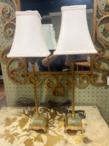 Vintage Brass and Green Onyx Vanity Lamps with Ivory Shades