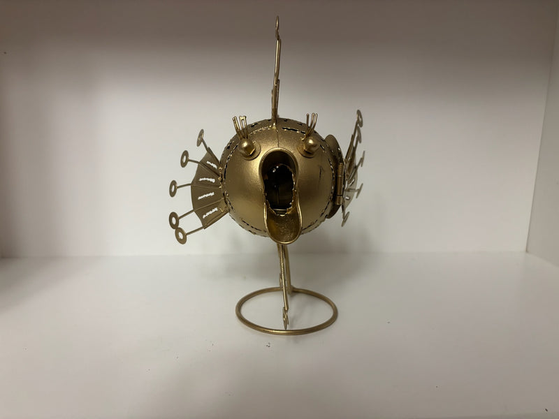 gold metal pufferfish shaped tea light candle lantern — alternate view