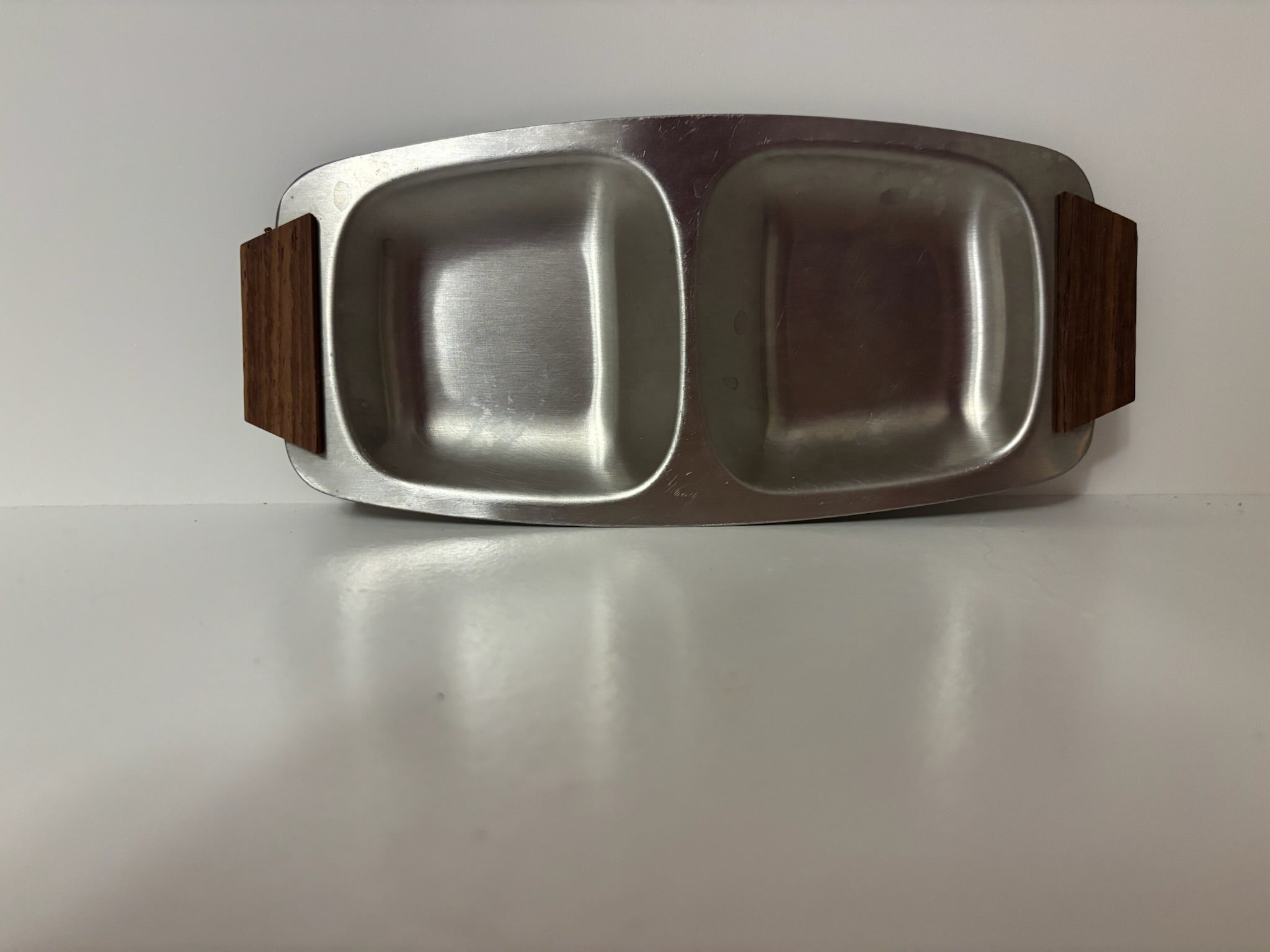 vintage mid century modern stainless steel divided serving dish, small