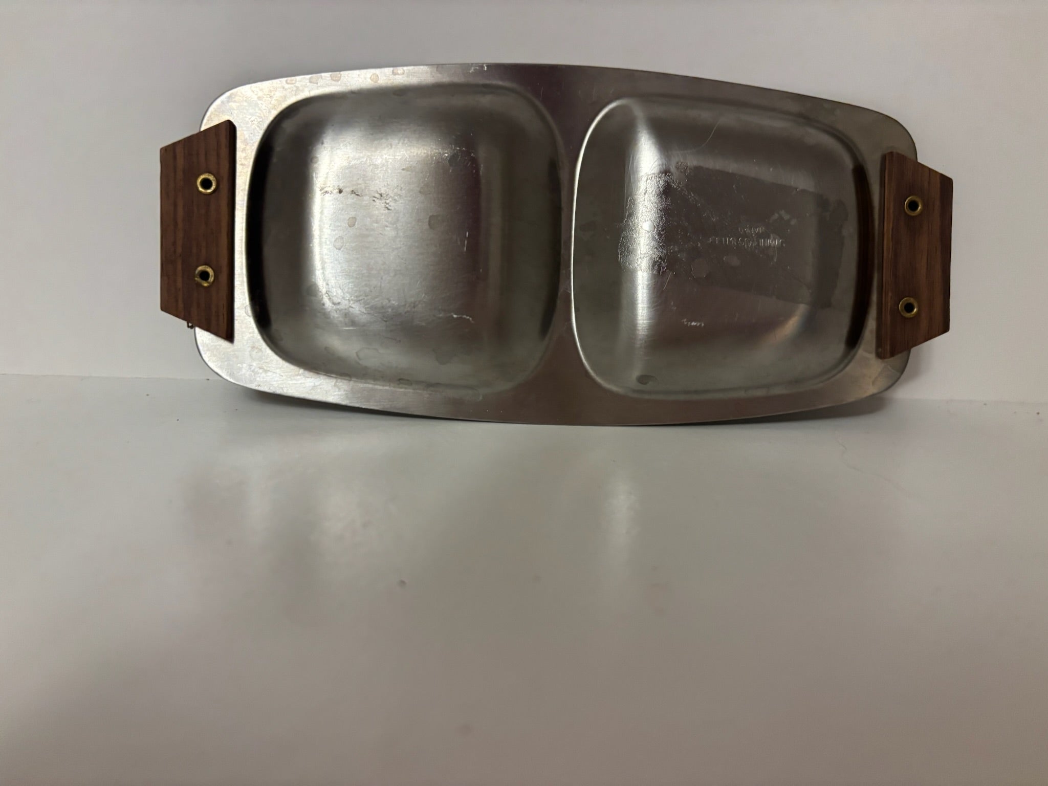 vintage mid century modern stainless steel divided serving dish, small