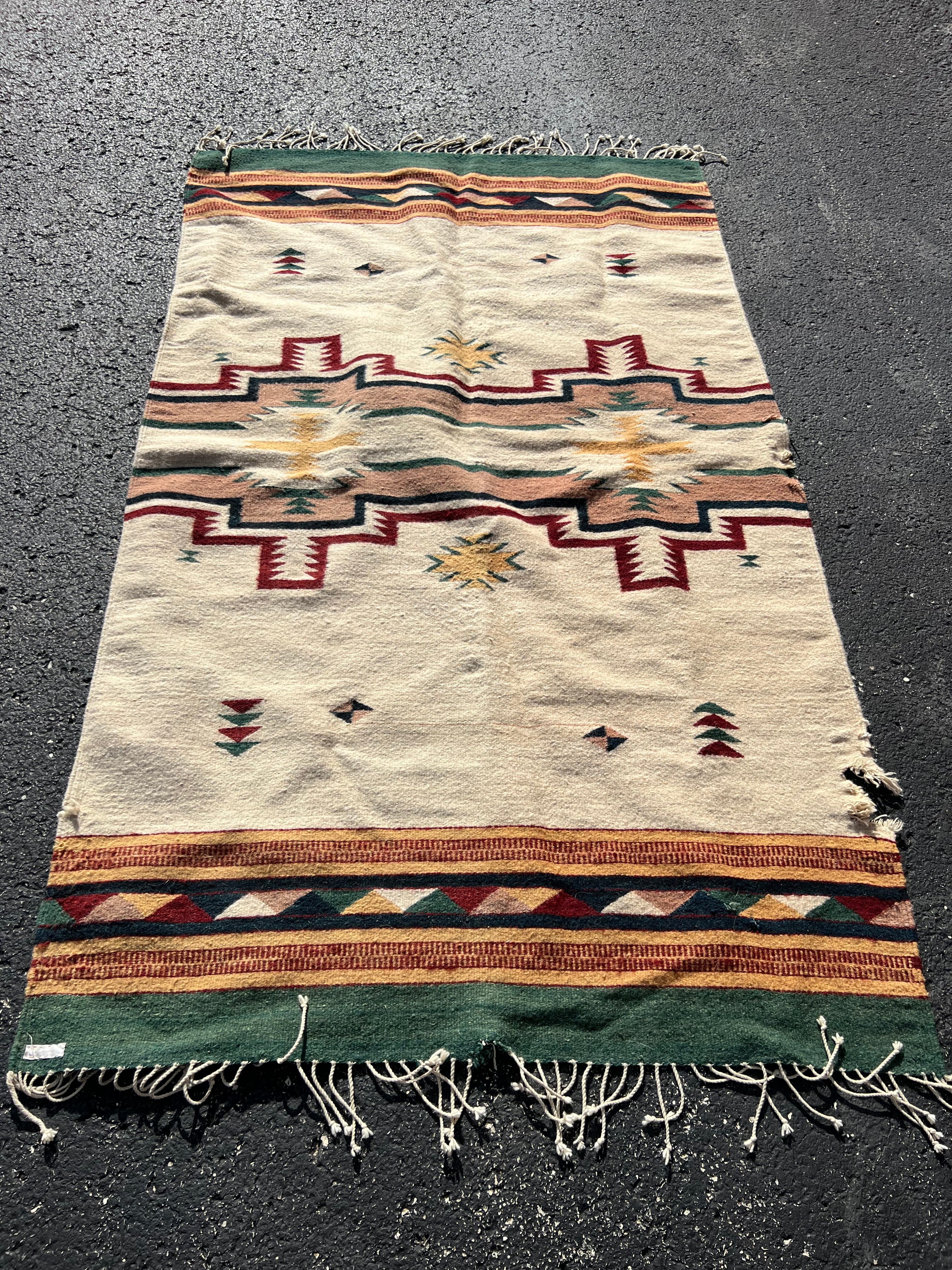 47x80” Native American Zapotec woven tapestry brown green rust