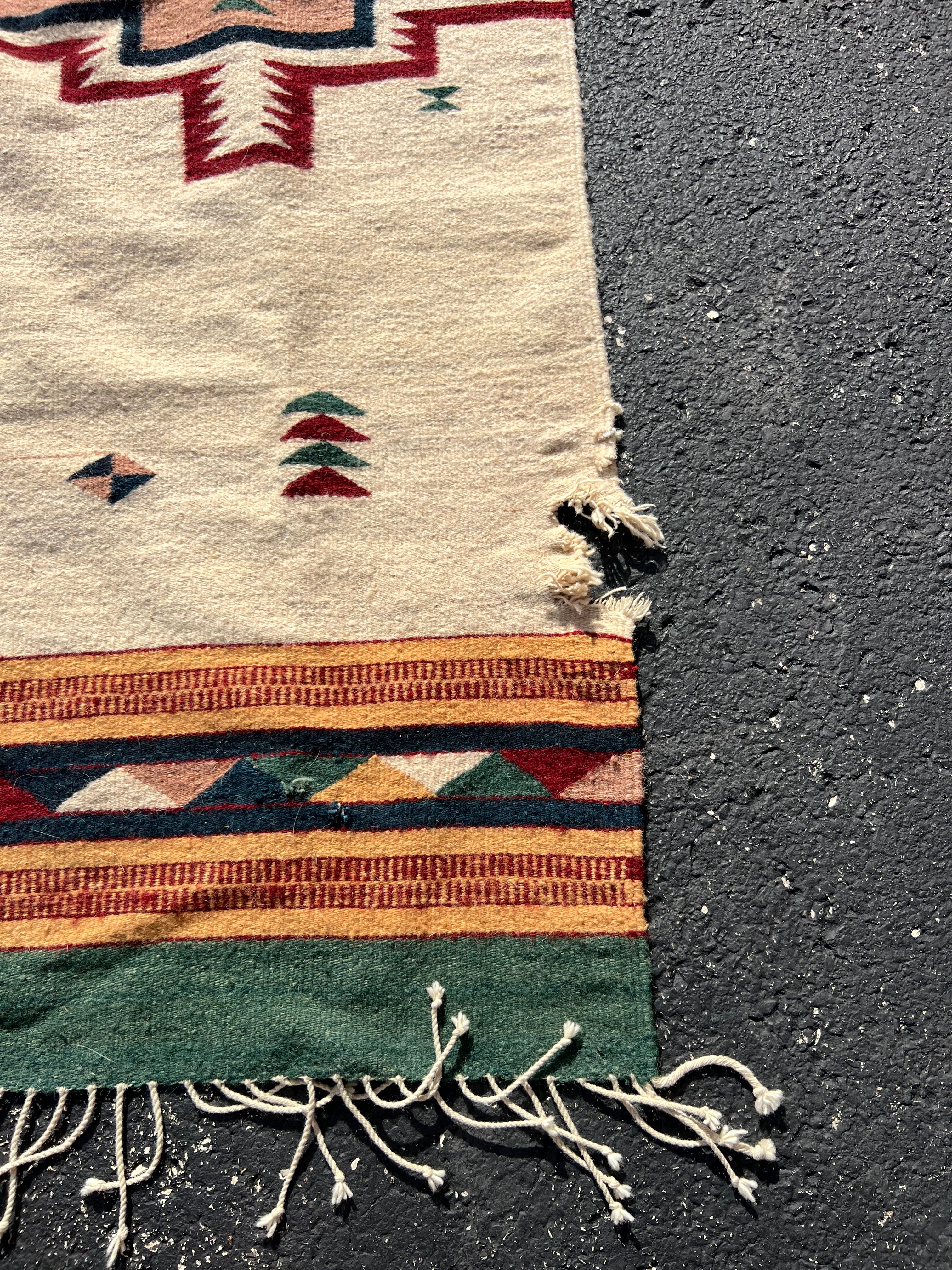 47x80” Native American Zapotec woven tapestry brown green rust