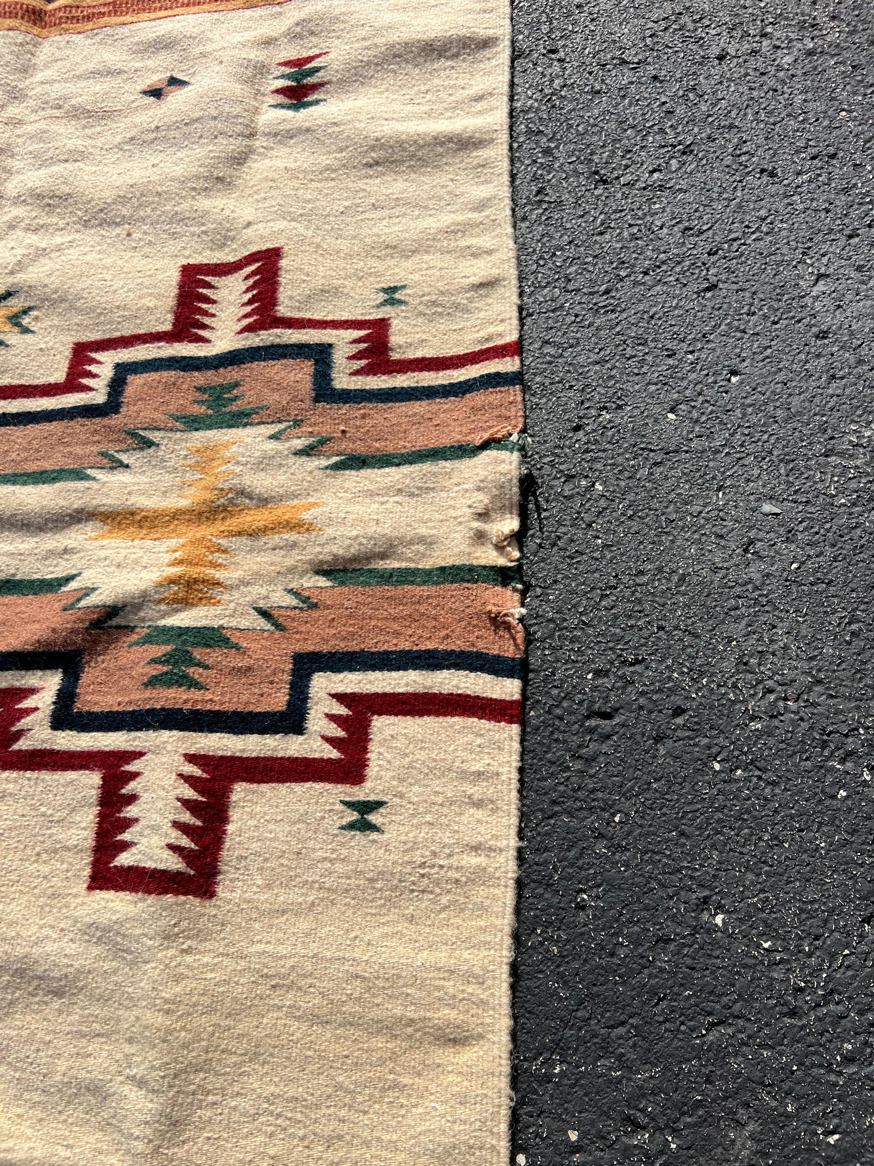 47x80” Native American Zapotec woven tapestry brown green rust