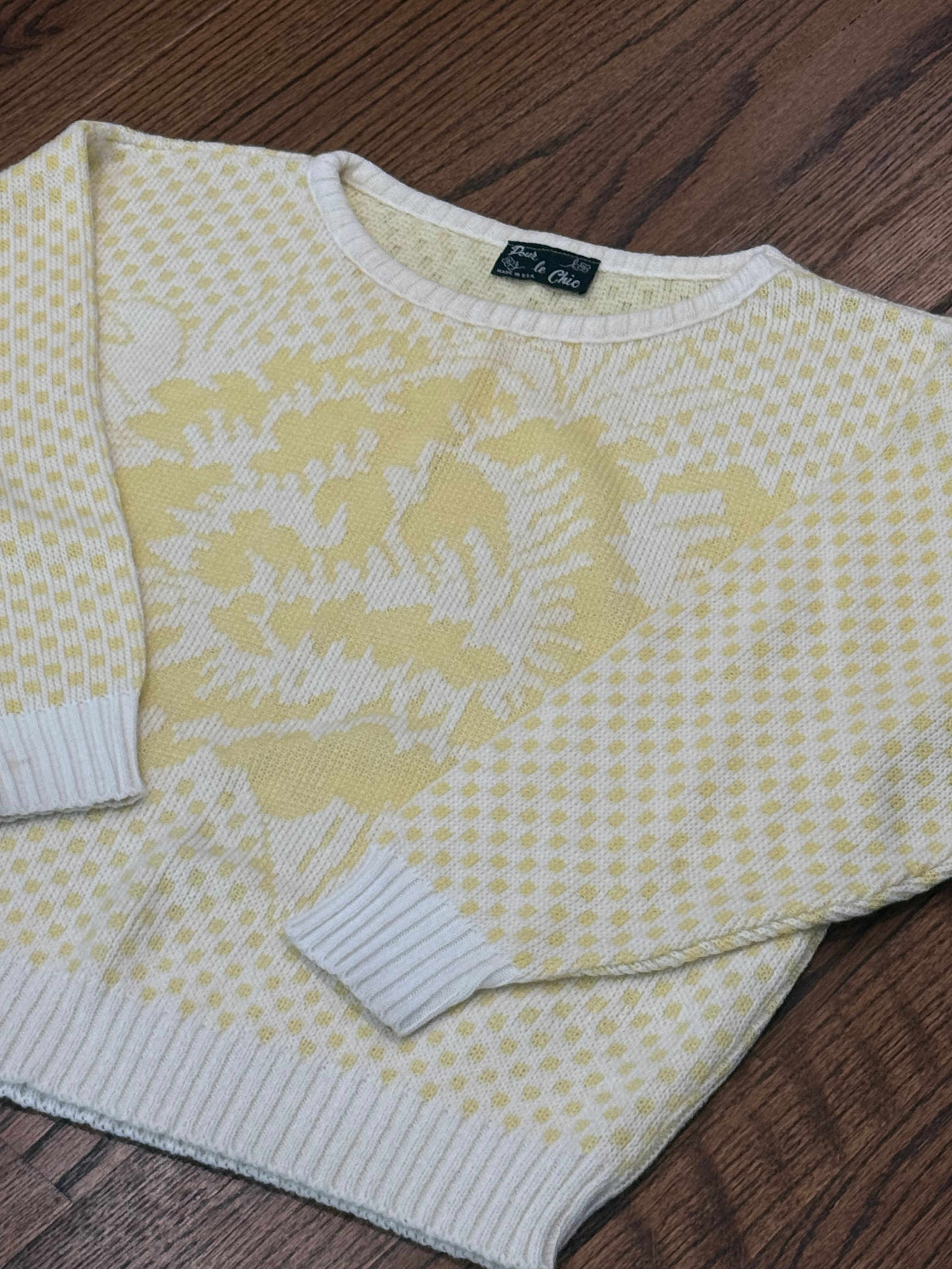 VTG Yellow & White Acrylic Sweater, Made in the USA