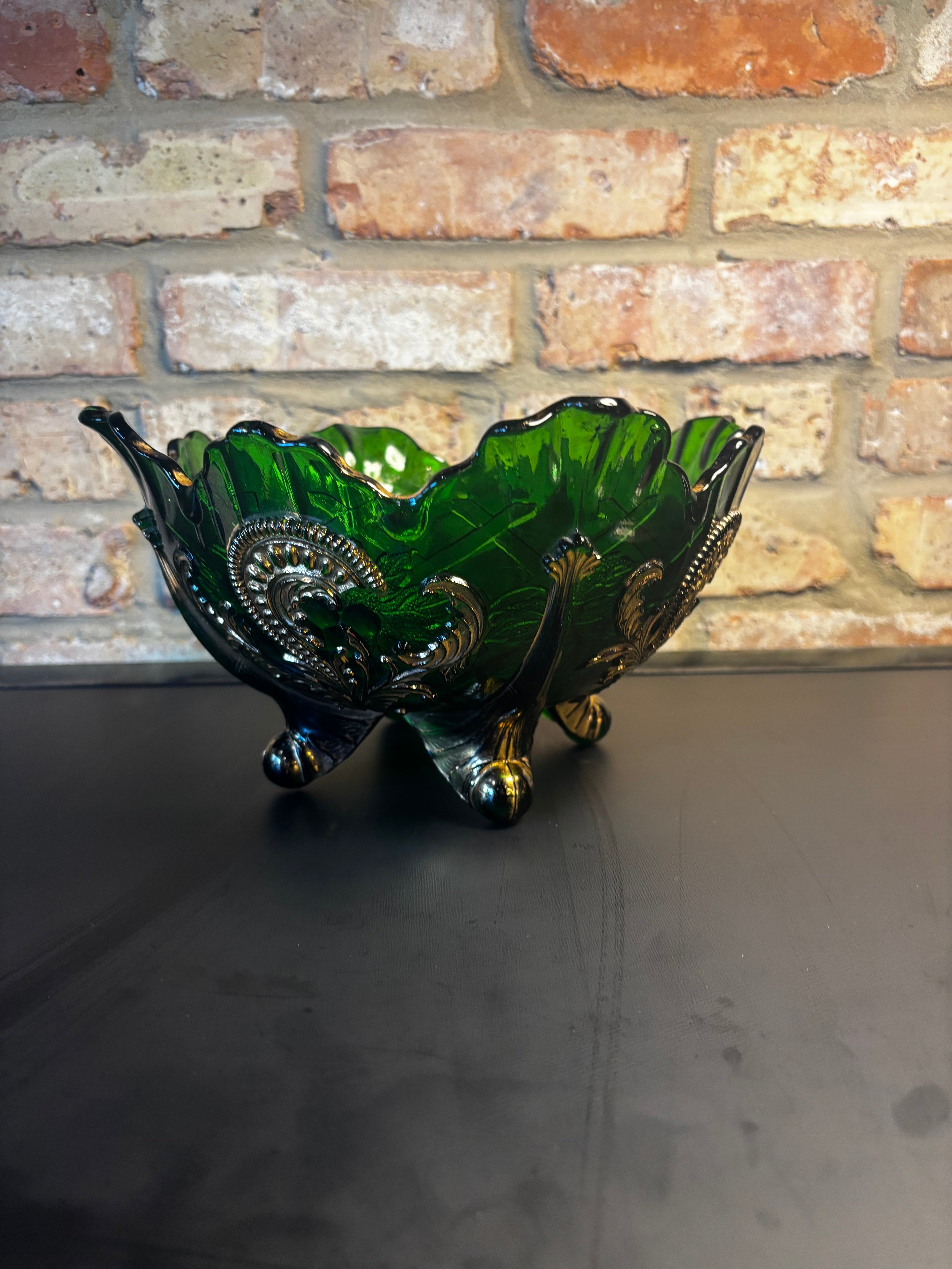 antique 1898 Northwood "Louis XV" Emerald Green & Gold Gilded Fruit/Berry Master Bowl