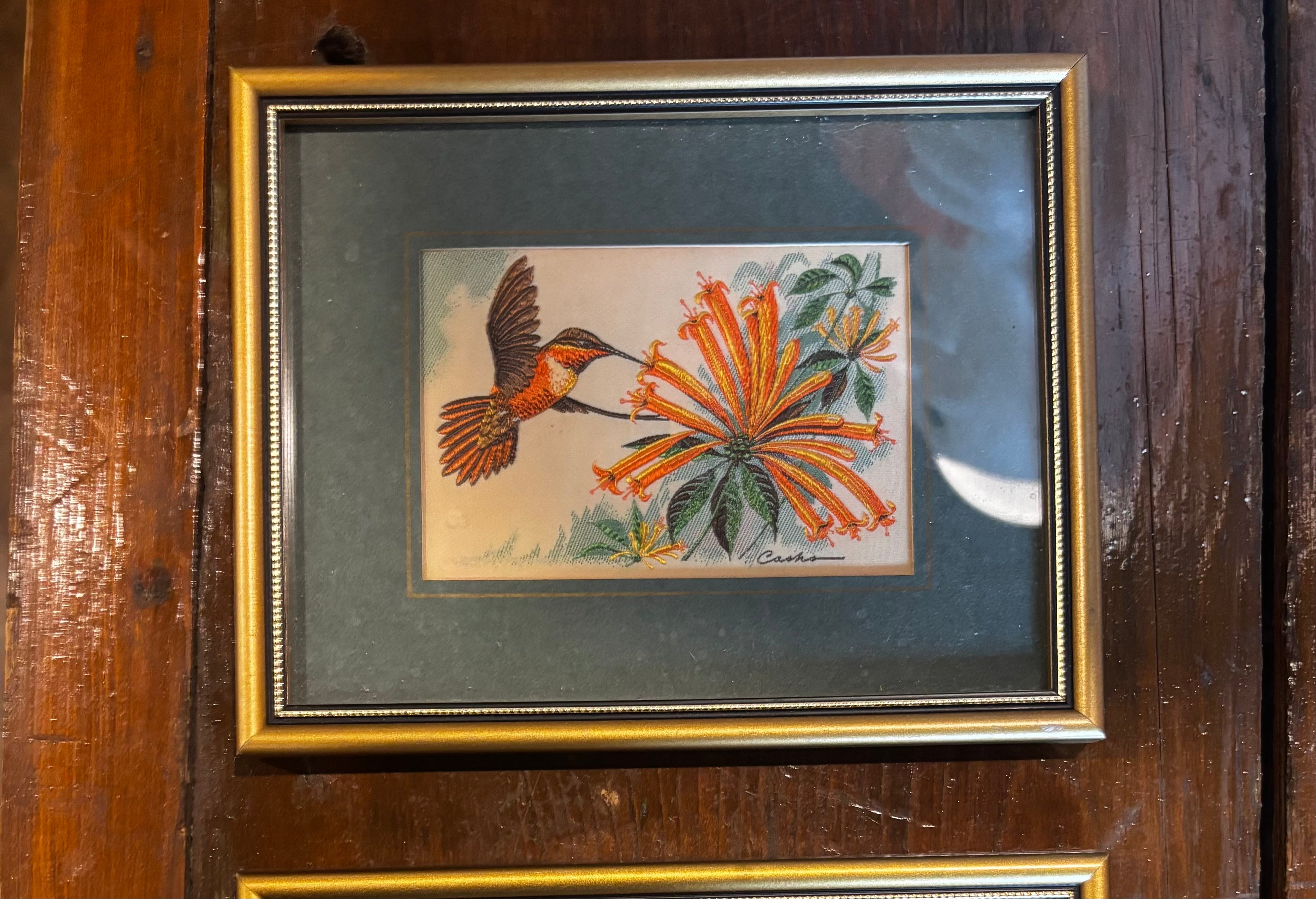 Cash's Woven Silk Art Picture Rufous Hummingbird  feeding orange flowers
