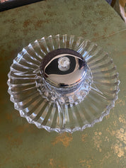 Vtg Lazy Susan Glass Serving Tray-4 pieces-Tray, Chrome Lazy Susan, Bowl, ChromeLid