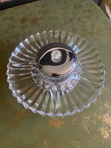 Vtg Lazy Susan Glass Serving Tray-4 pieces-Tray, Chrome Lazy Susan, Bowl, ChromeLid
