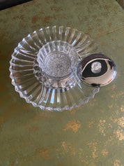 Vtg Lazy Susan Glass Serving Tray-4 pieces-Tray, Chrome Lazy Susan, Bowl, ChromeLid