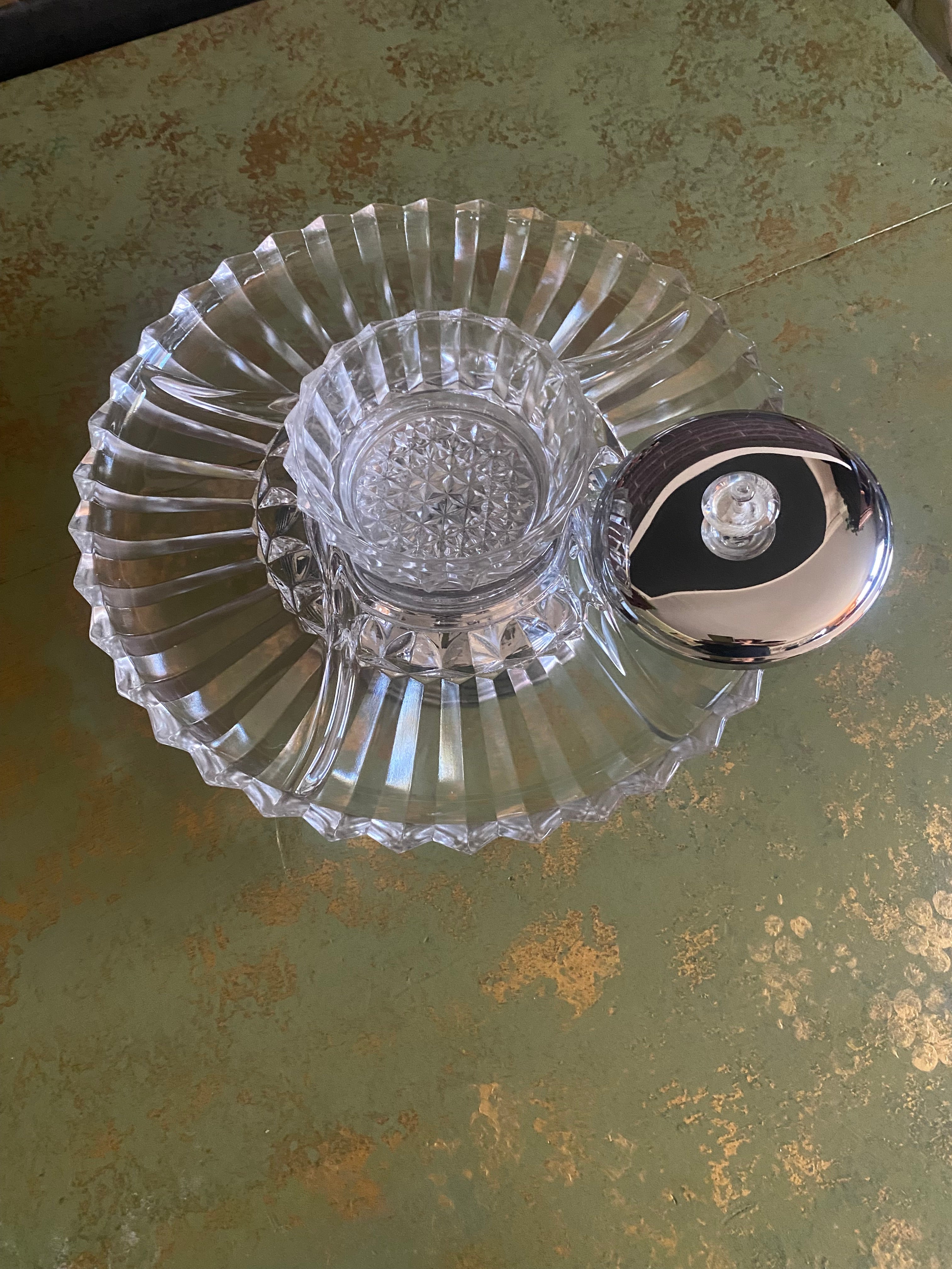 Vtg Lazy Susan Glass Serving Tray-4 pieces-Tray, Chrome Lazy Susan, Bowl, ChromeLid