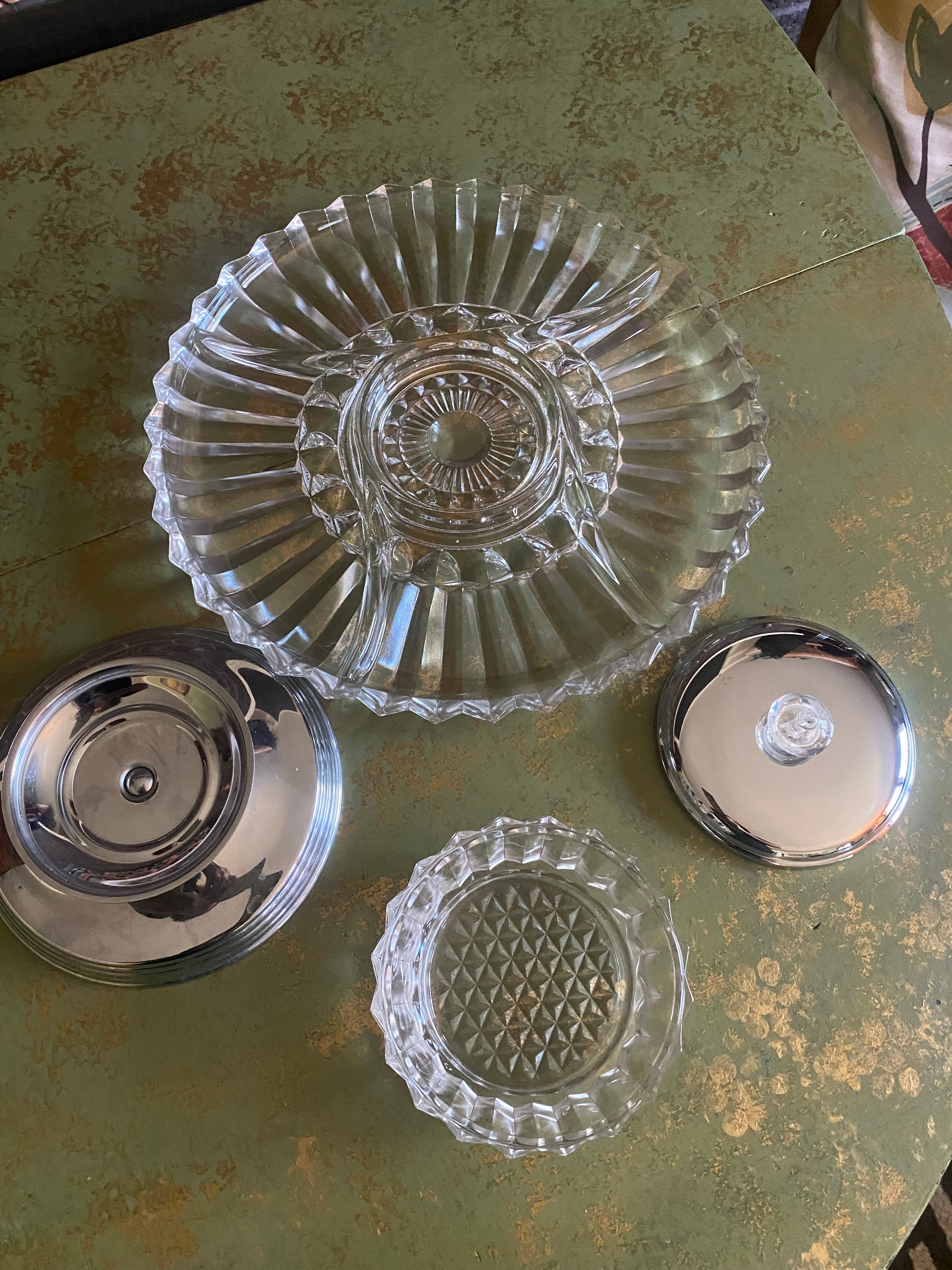 Vtg Lazy Susan Glass Serving Tray-4 pieces-Tray, Chrome Lazy Susan, Bowl, ChromeLid