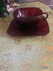 Vtg 1950s Ruby Red Square Saucer\Cup\Desert Plate-5 sets=15 pieces