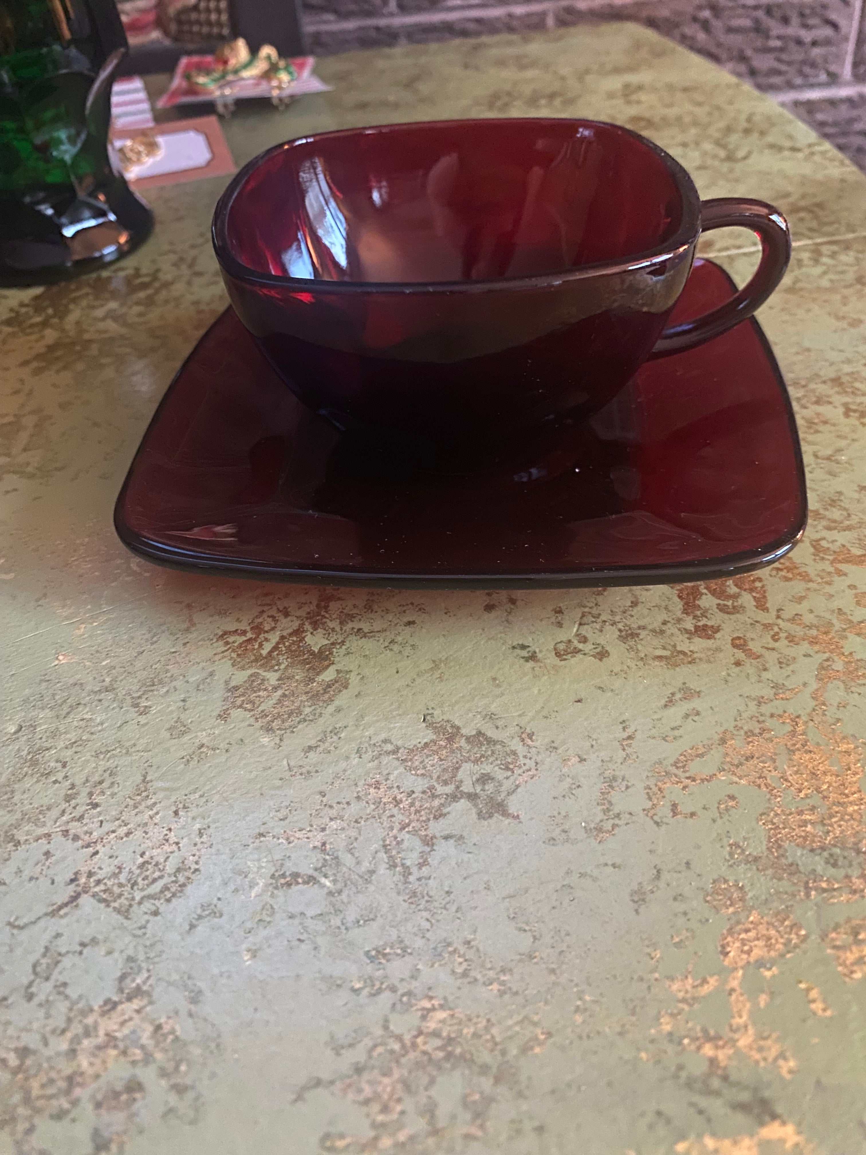 Vtg 1950s Ruby Red Square Saucer\Cup\Desert Plate-5 sets=15 pieces