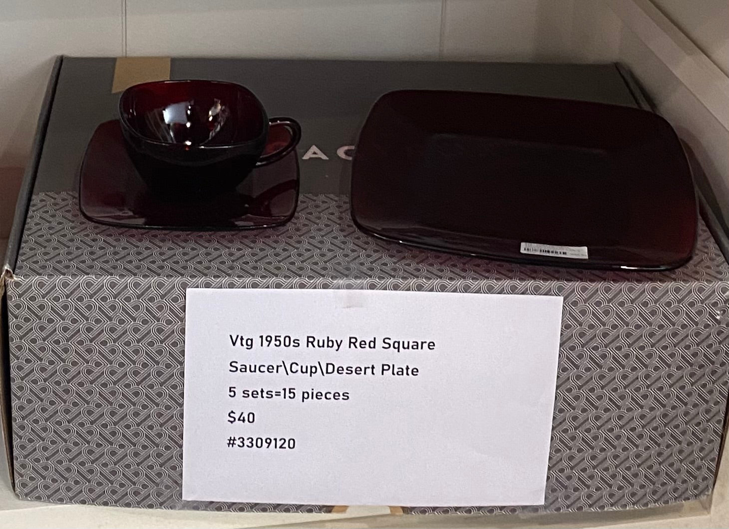 Vtg 1950s Ruby Red Square Saucer\Cup\Desert Plate-5 sets=15 pieces