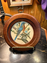 BLUE BIRD IN ROUND WOOD FRAME