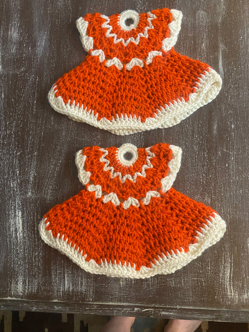 Vtg Crochet Dress Pot Holders (set of 2) Dark Orange by 826 - MoEx Upcycling