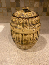 Vtg Wood Grain Barrel Ceramic Cookie Jar
