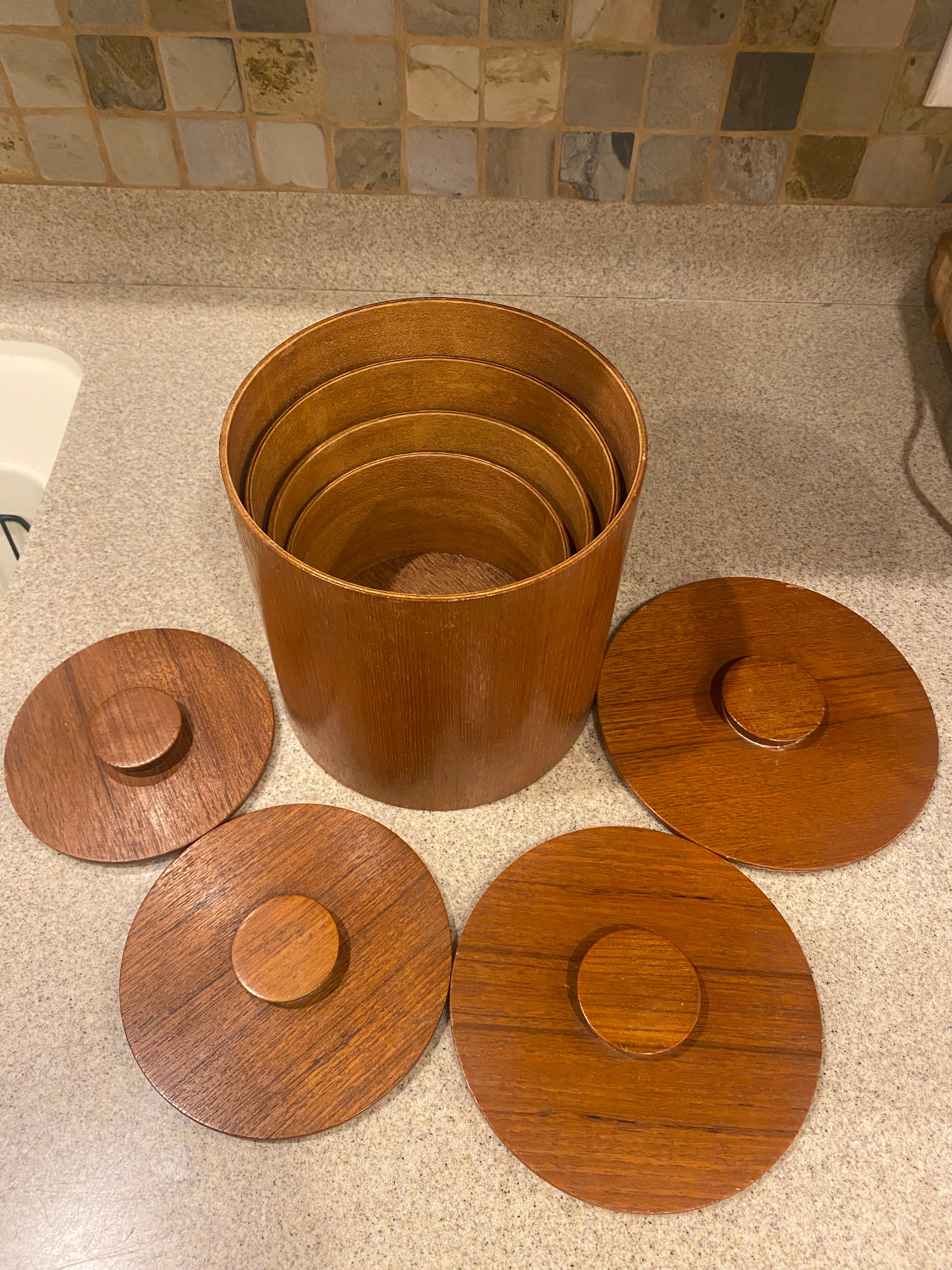 Vtg 4 Teak Nesting Round Cannisters w\Lids