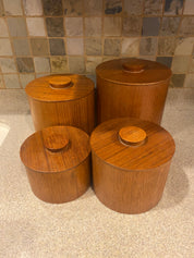 Vtg 4 Teak Nesting Round Cannisters w\Lids