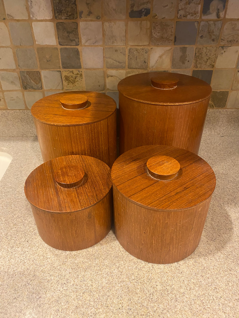 Vtg 4 Teak Nesting Round Cannisters w\Lids by 826 - MoEx Upcycling