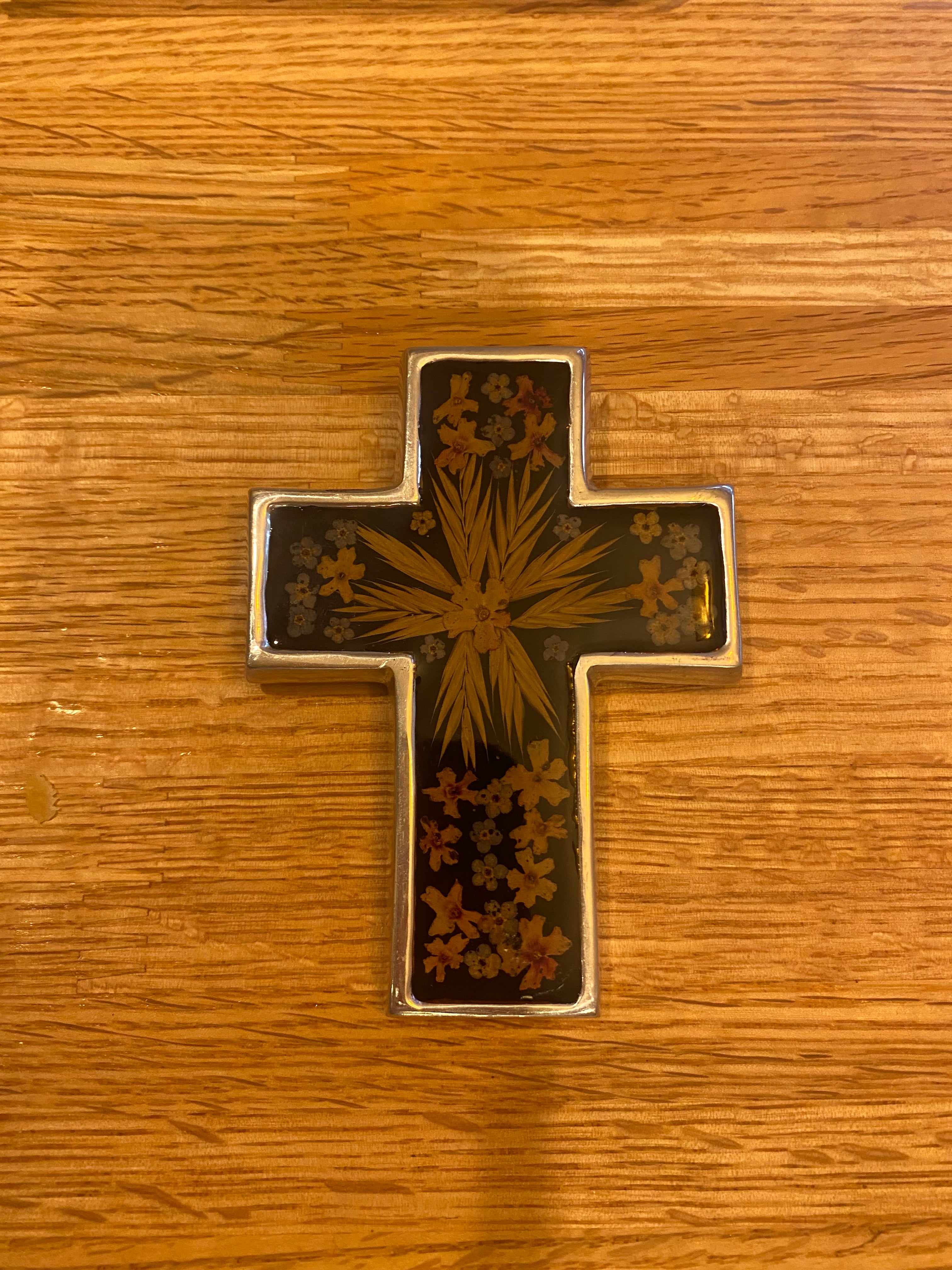 Silver Cross w\Encapsulated Pressed Flowers