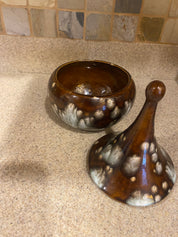 Vtg Brown Speckled Ceramic Trinket Bowl w\Top