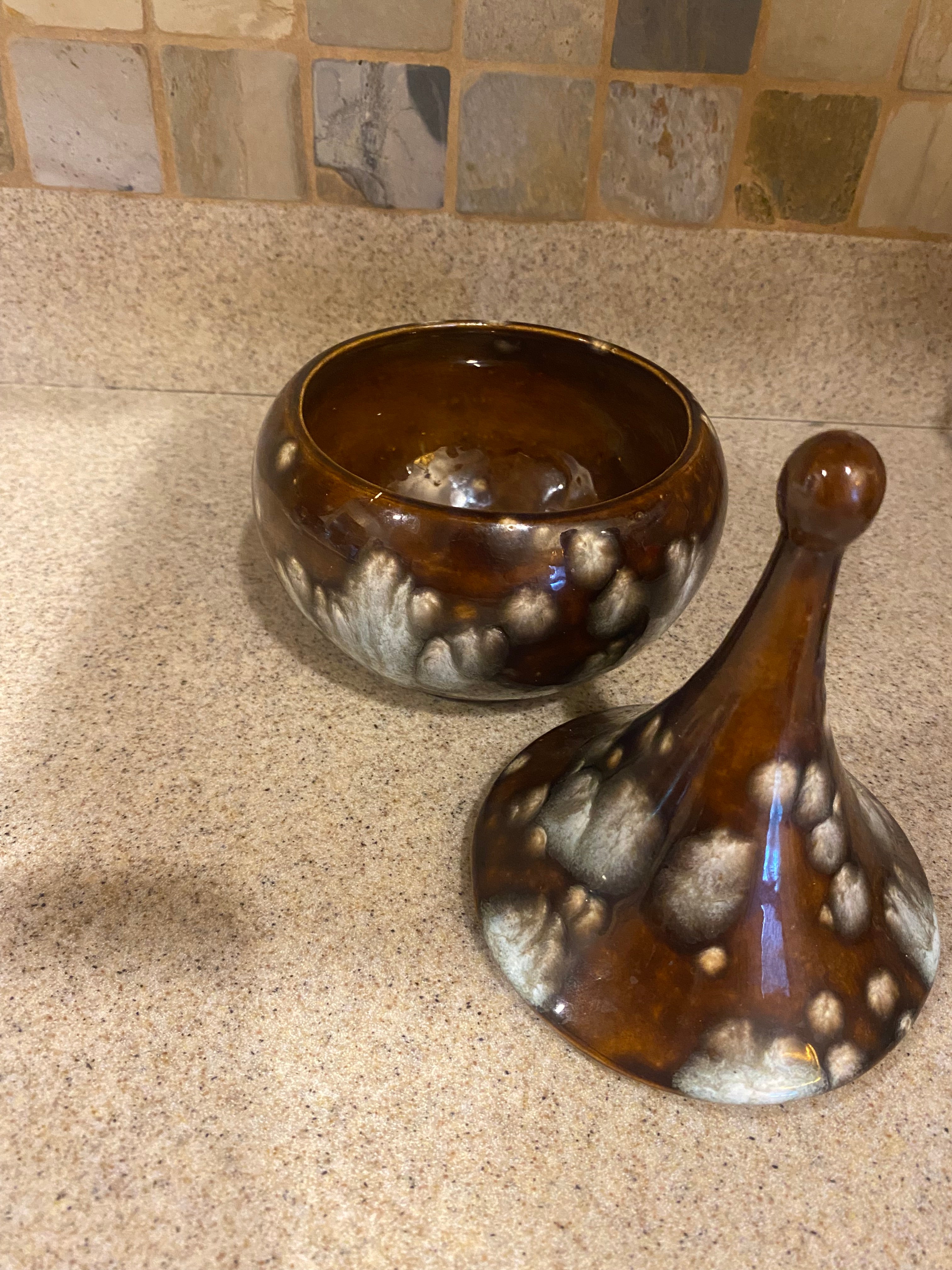Vtg Brown Speckled Ceramic Trinket Bowl w\Top