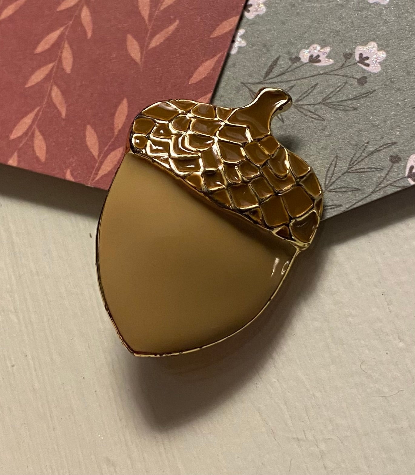 SFJ signed Acorn Brooch-Gold Toned and Beige Enamal