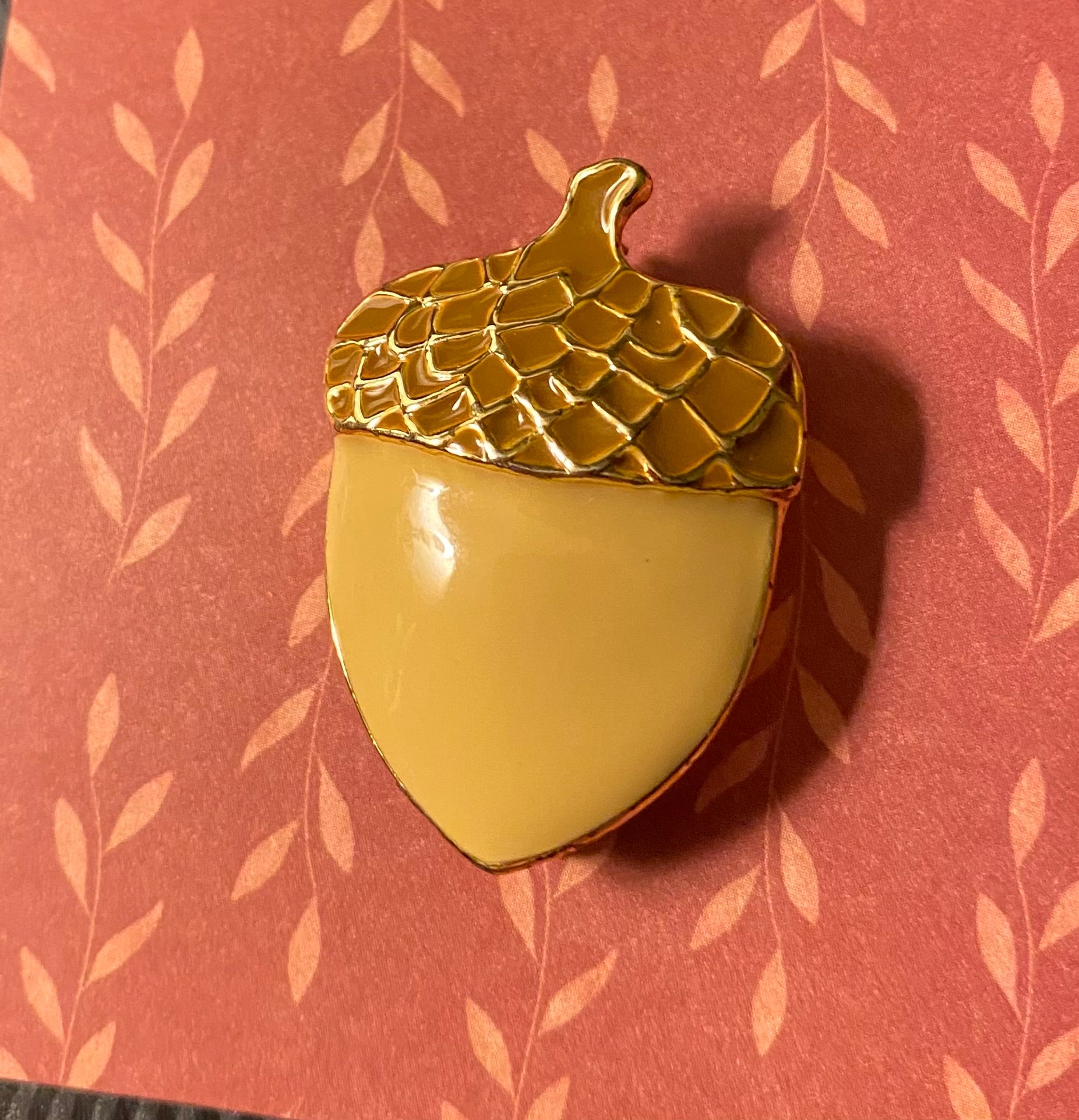 SFJ signed Acorn Brooch-Gold Toned and Beige Enamal