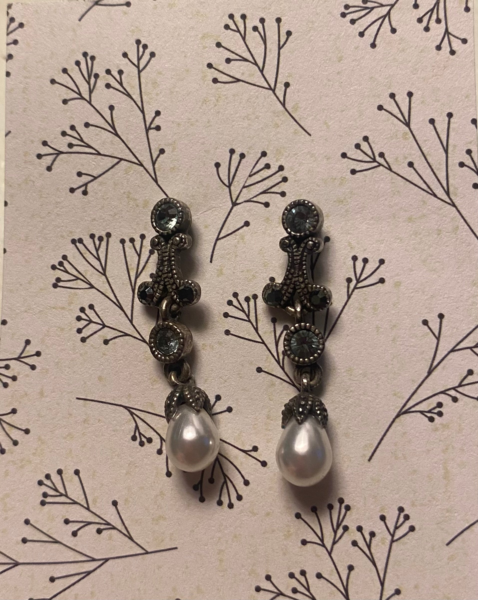 Silver Pearl w\ Black Crystals  Drop Dangle Pierced Earrings