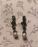 Silver Pearl w\ Black Crystals  Drop Dangle Pierced Earrings