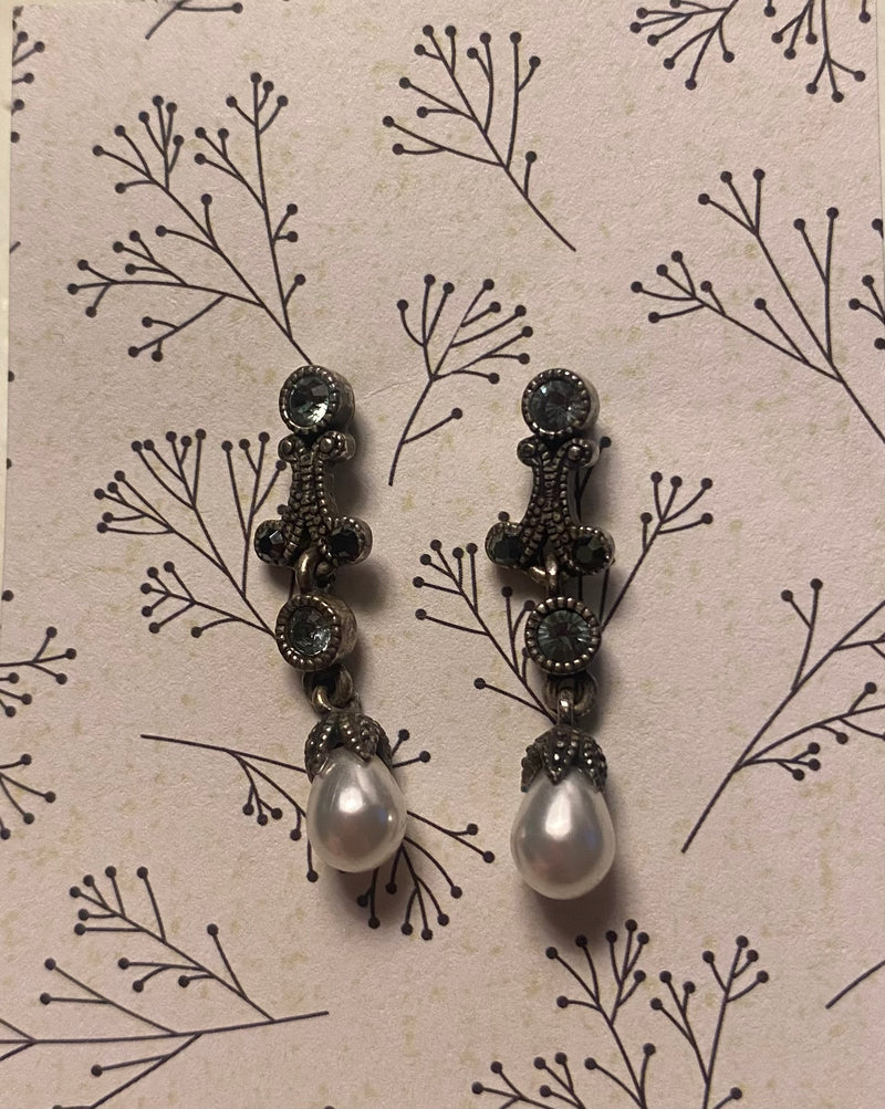 Silver Pearl w\ Black Crystals  Drop Dangle Pierced Earrings by 826 - MoEx Upcycling