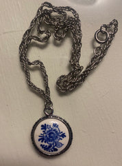 Vtg Delft Blue Dutch Two Sided Pendant-Windmill/Flower-Silver Chain and Framing