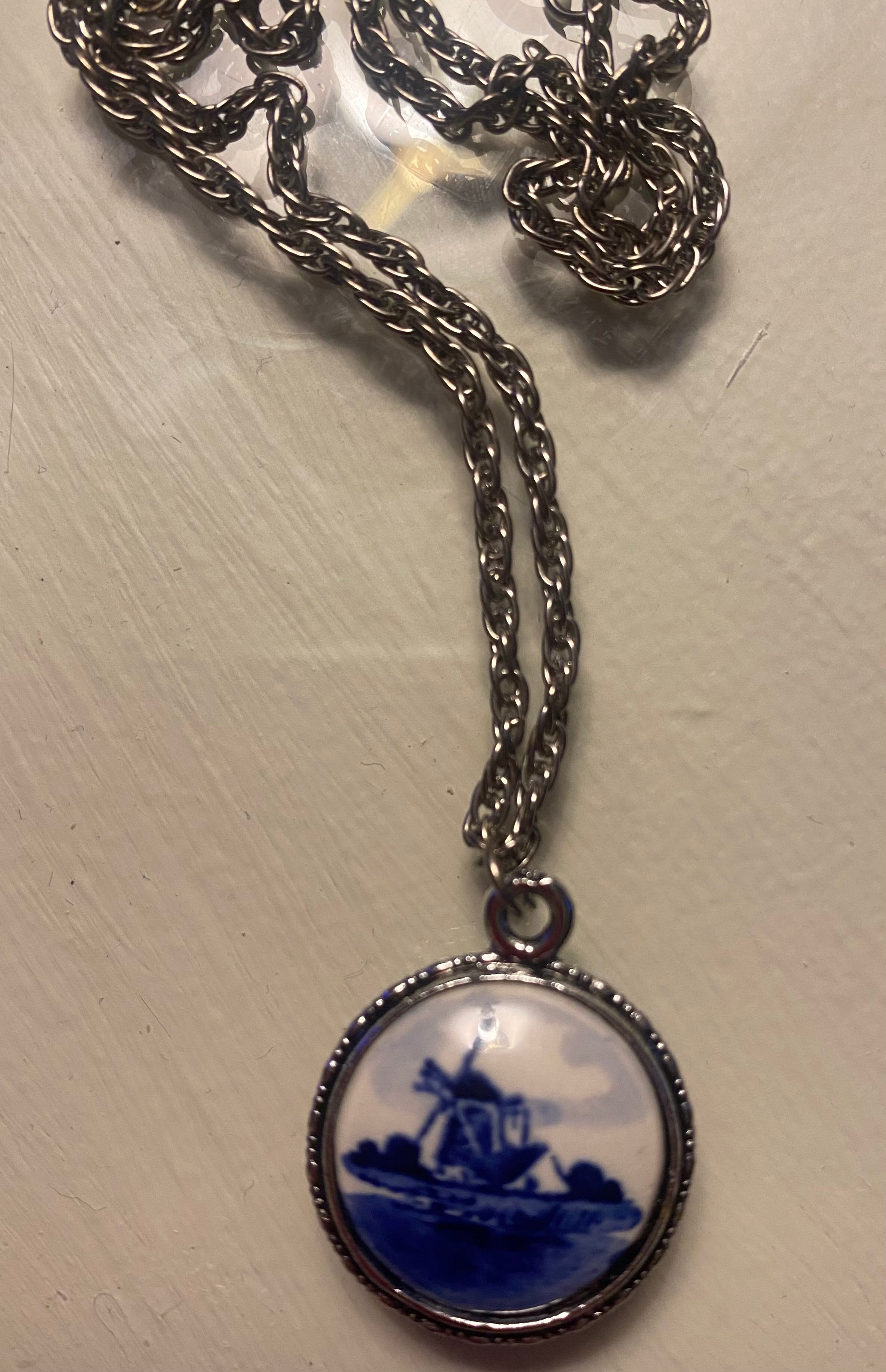 Vtg Delft Blue Dutch Two Sided Pendant-Windmill/Flower-Silver Chain and Framing