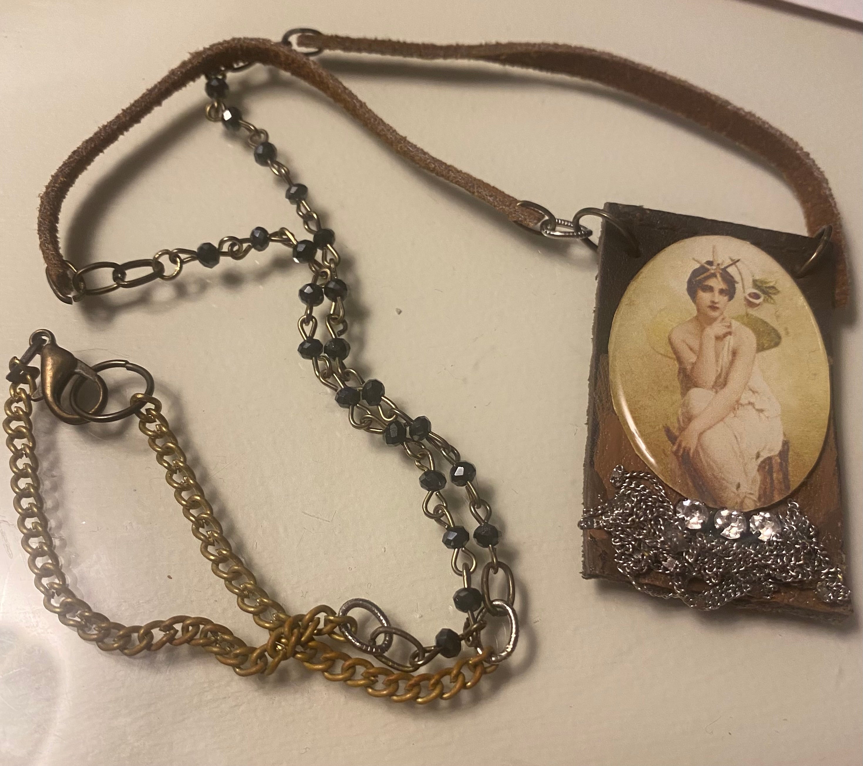 Victorian Lady Portrait Assemblage Necklace-Leather and Bead Chain