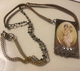 Victorian Lady Portrait Assemblage Necklace-Leather and Bead Chain