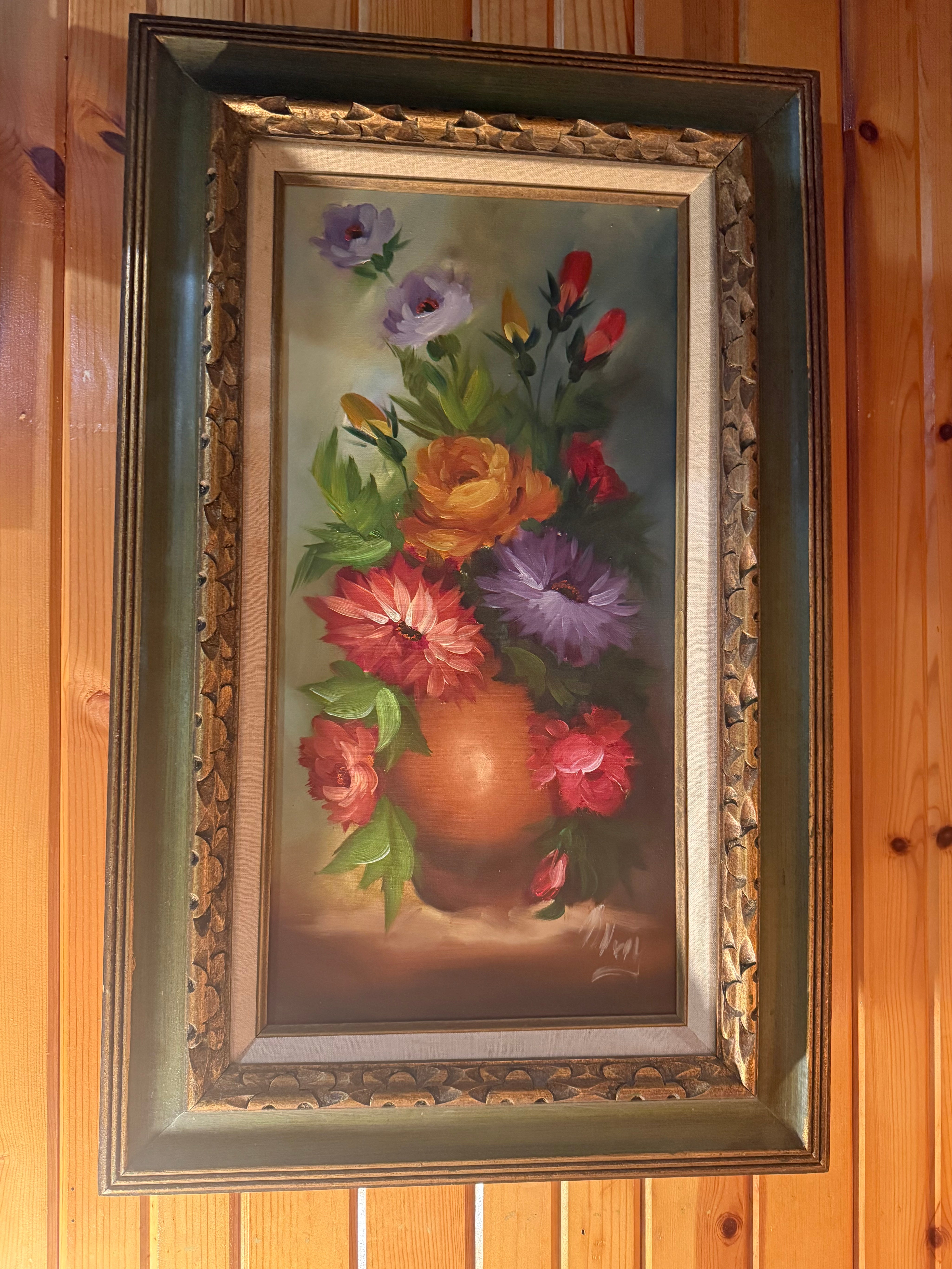Vtg gold and green framed floral oil painting