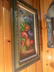 Vtg gold and green framed floral oil painting