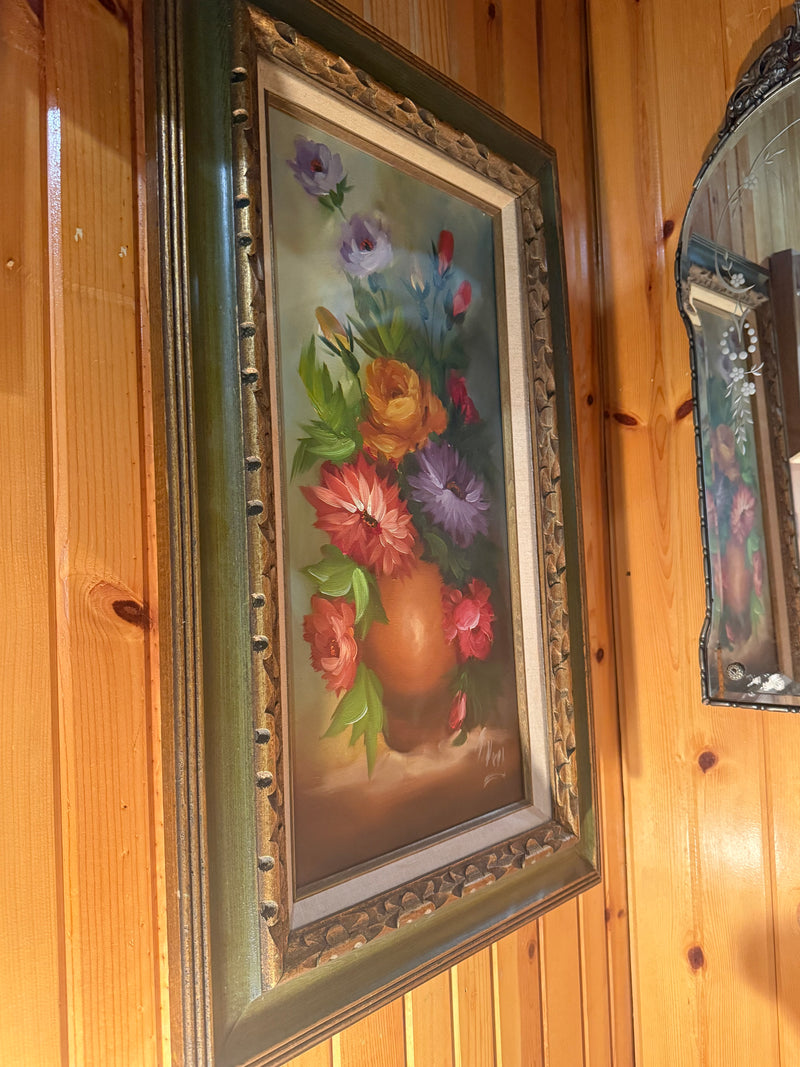 Vtg gold and green framed floral oil painting — alternate view