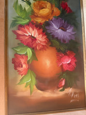 Vtg gold and green framed floral oil painting