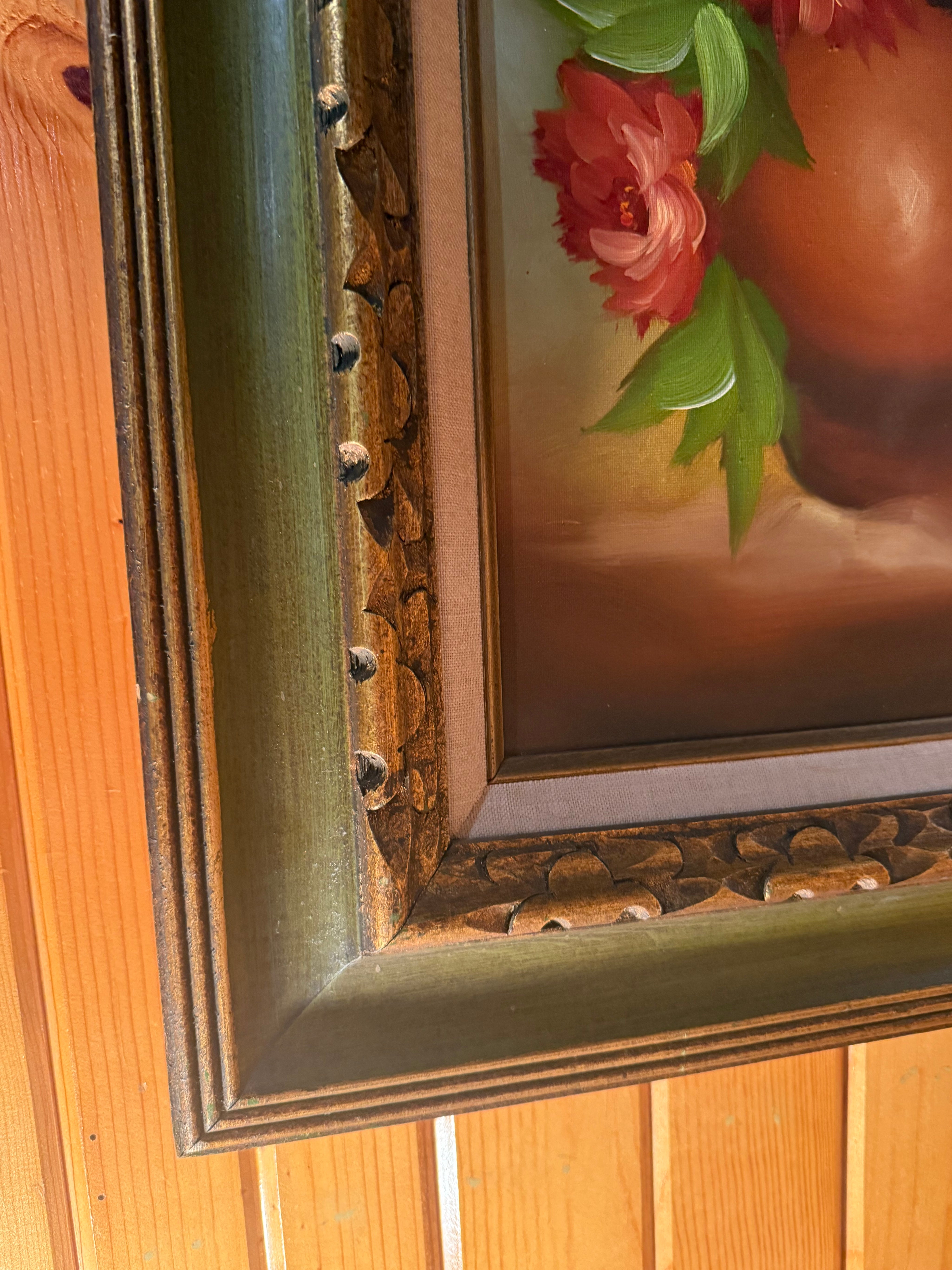 Vtg gold and green framed floral oil painting