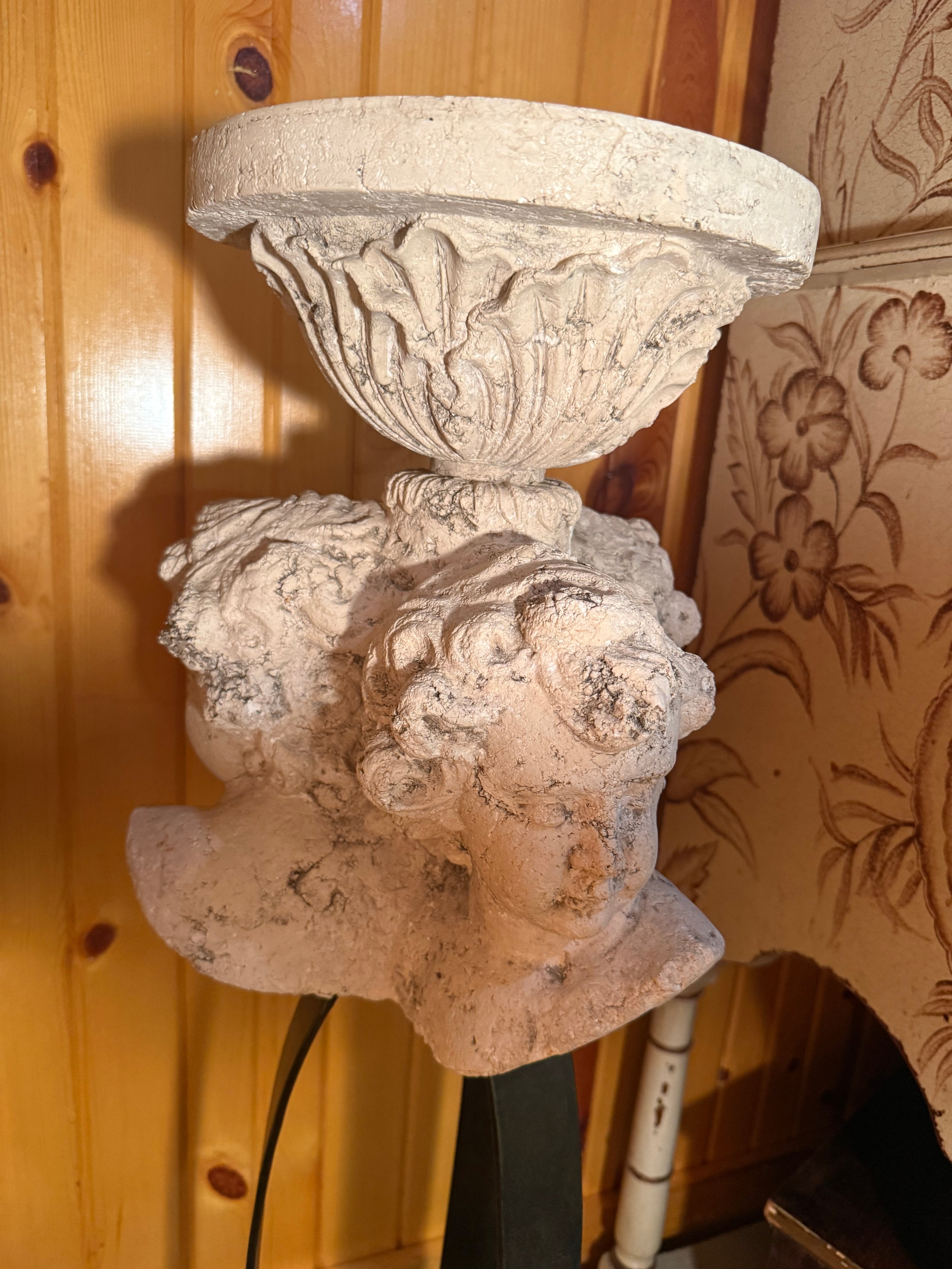 Heavy Concrete or cast-stone cherub/putto multi-face pedestal plant stand