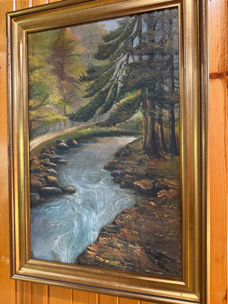 Framed Forest with a stream oil painted signed 1935 by W. Bargtrup by 811 - Charlene's Early Bird