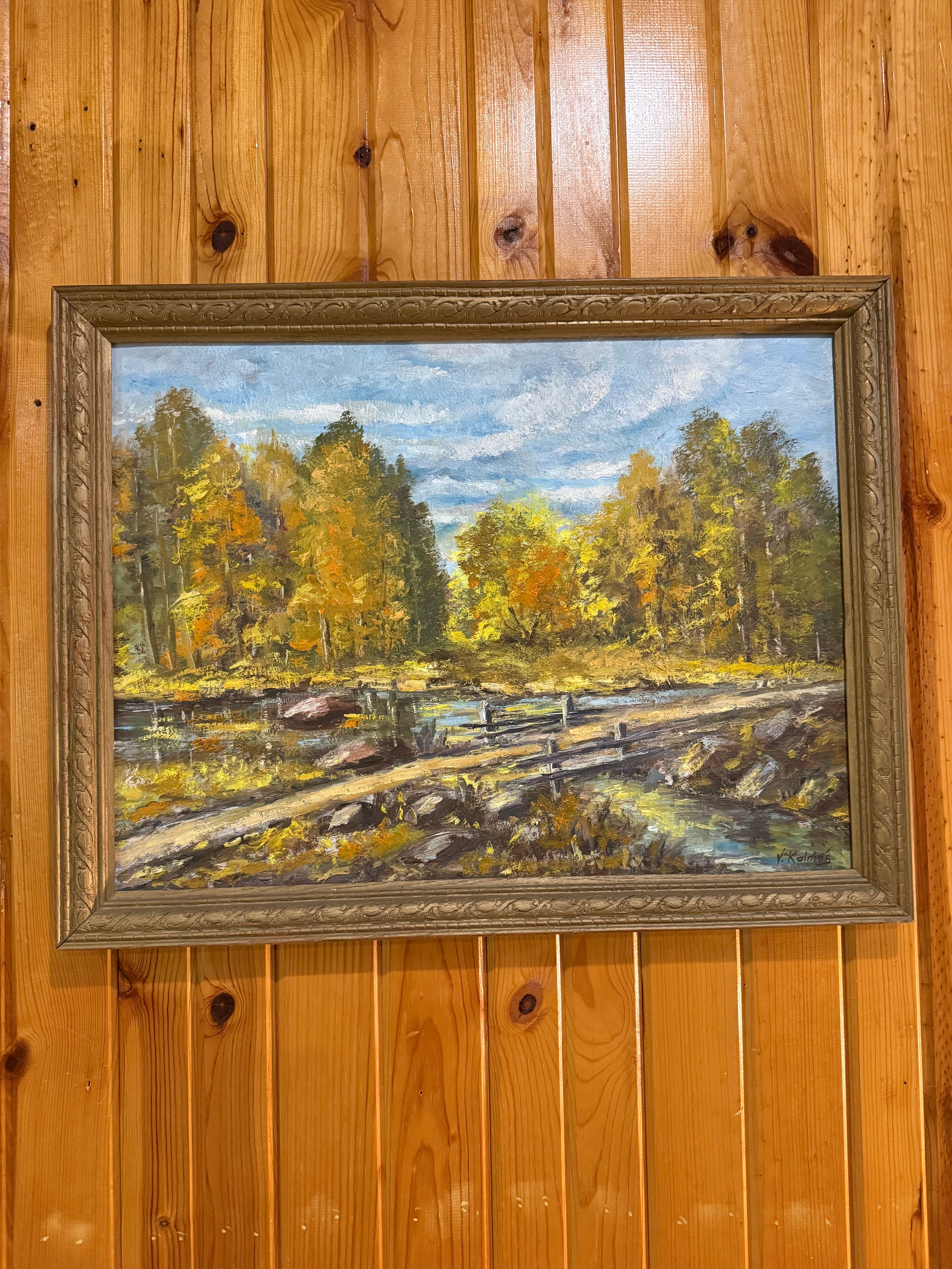 Framed oil on board fall painting signed by V. Kalniņš