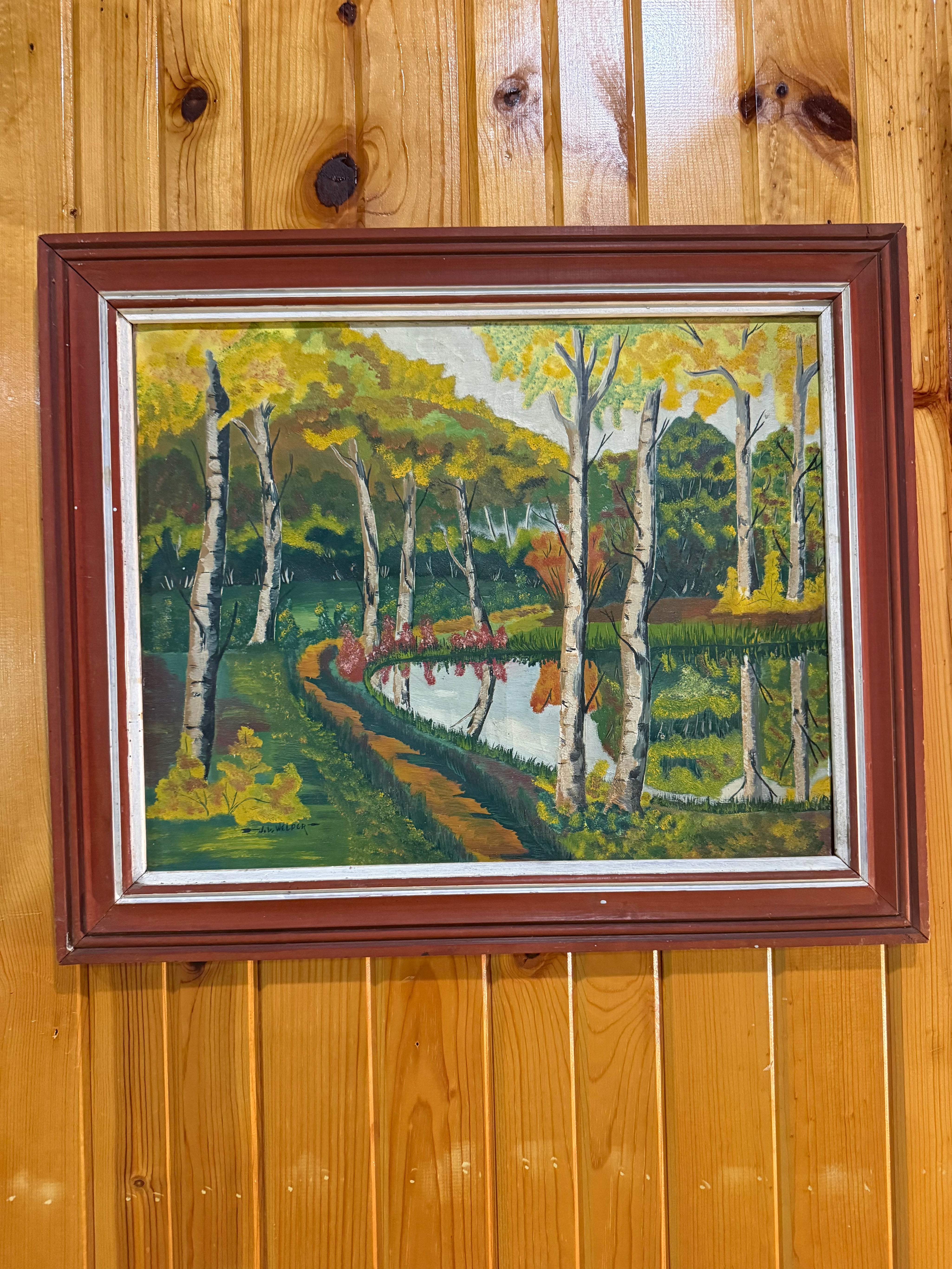Red wood Framed Fall painting signed by J.V. Welper