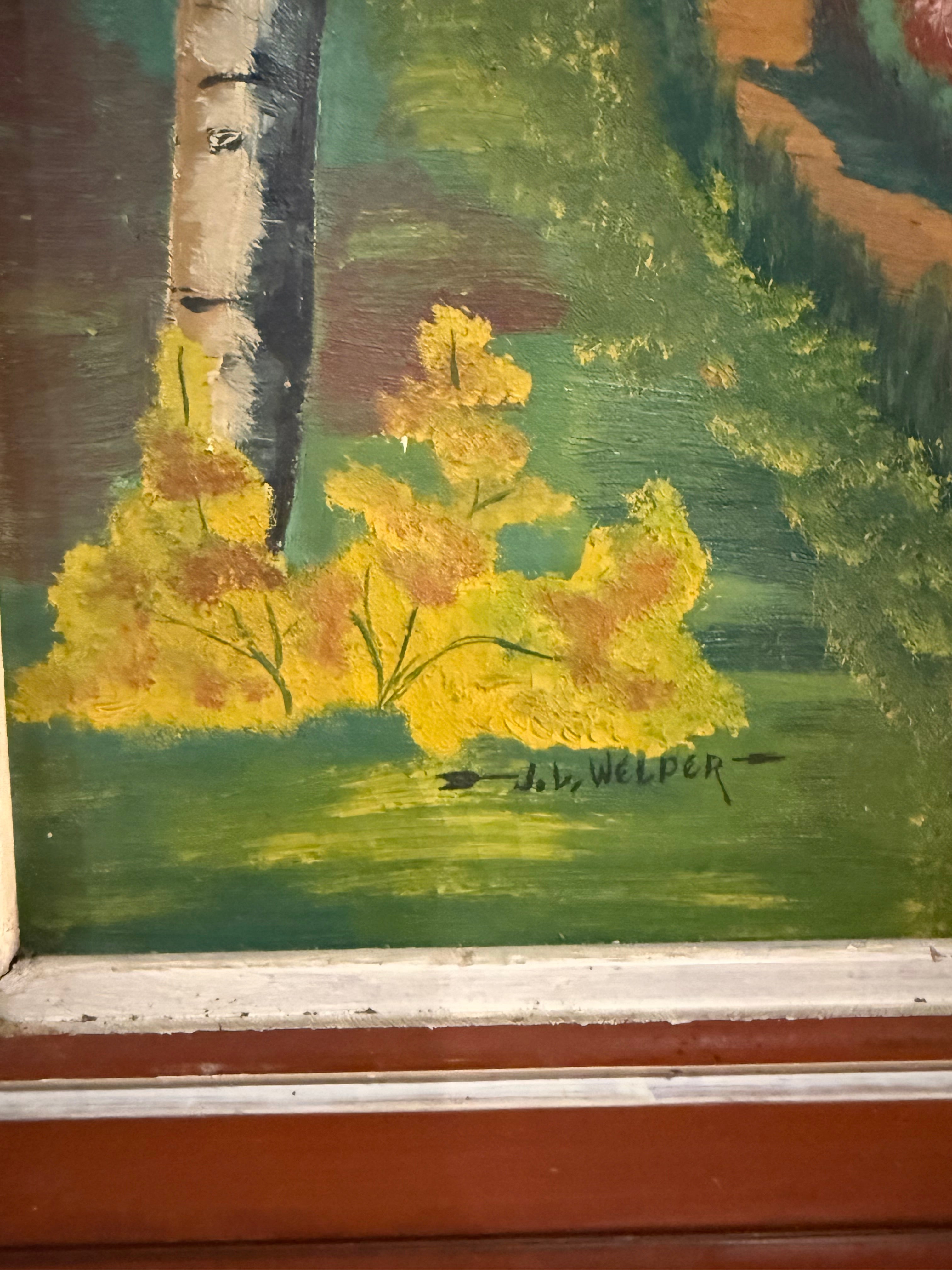 Red wood Framed Fall painting signed by J.V. Welper