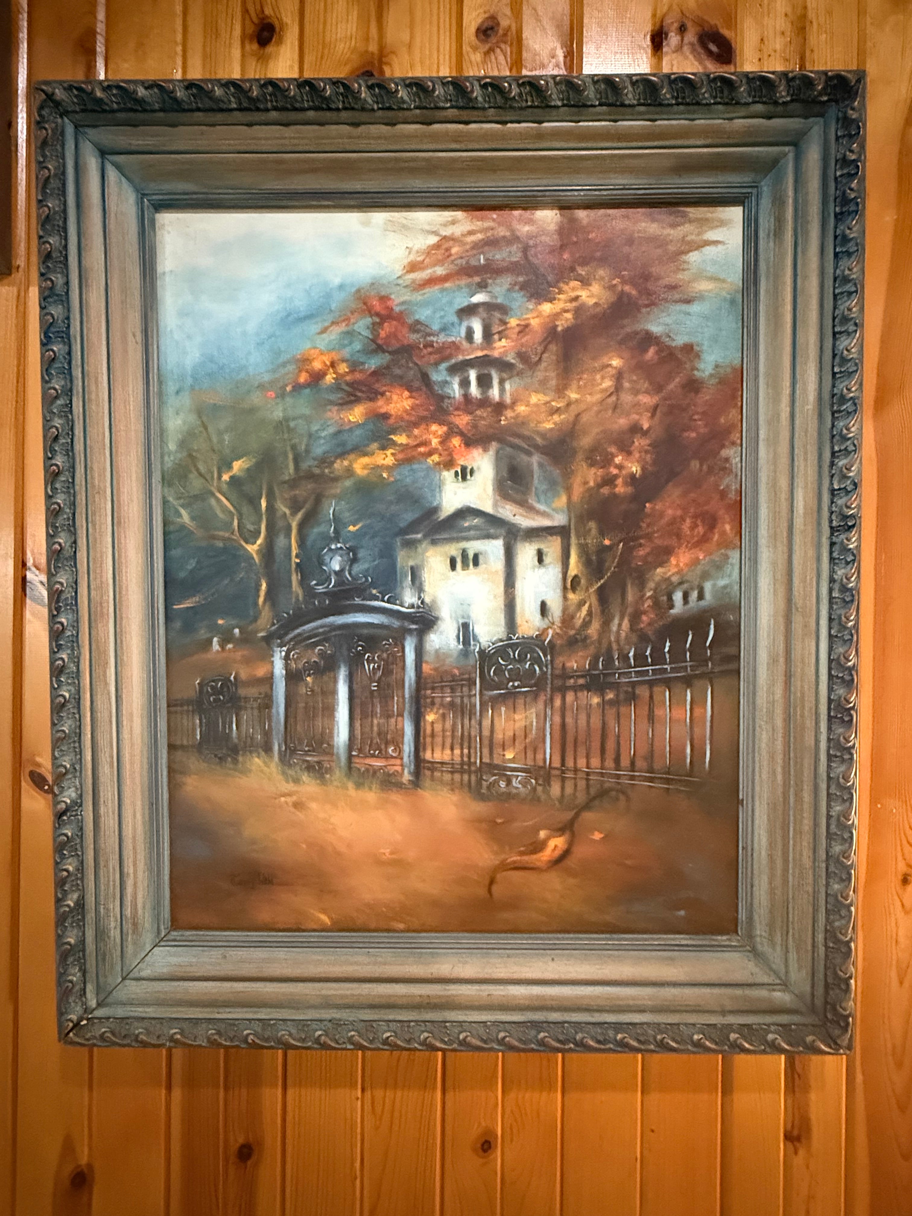 Blue wood framed Oil painting on board of white chapel with  autumn foliage and iron gate signed by Terry Webb