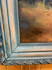 Blue wood framed Oil painting on board of white chapel with  autumn foliage and iron gate signed by Terry Webb