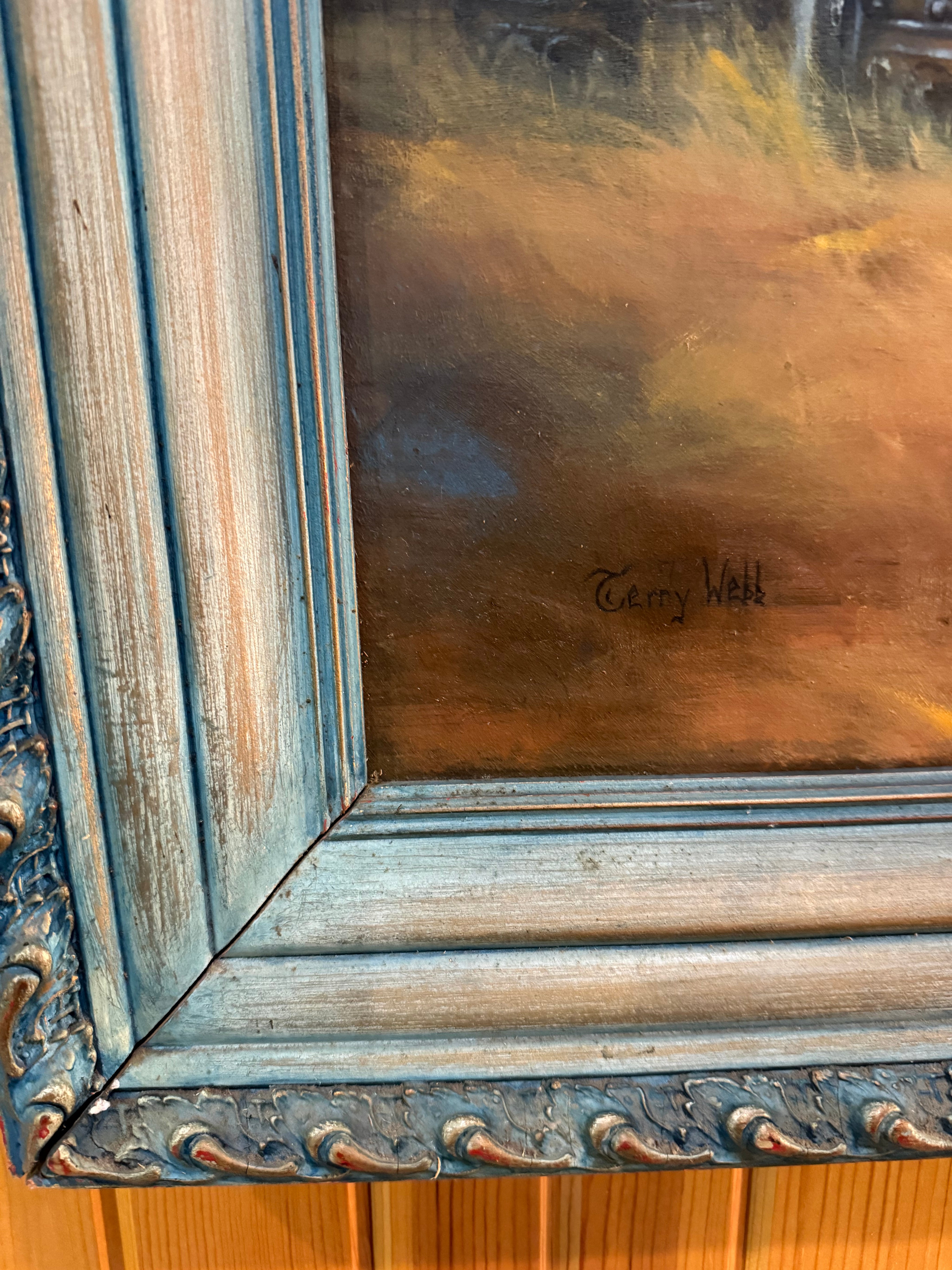 Blue wood framed Oil painting on board of white chapel with  autumn foliage and iron gate signed by Terry Webb