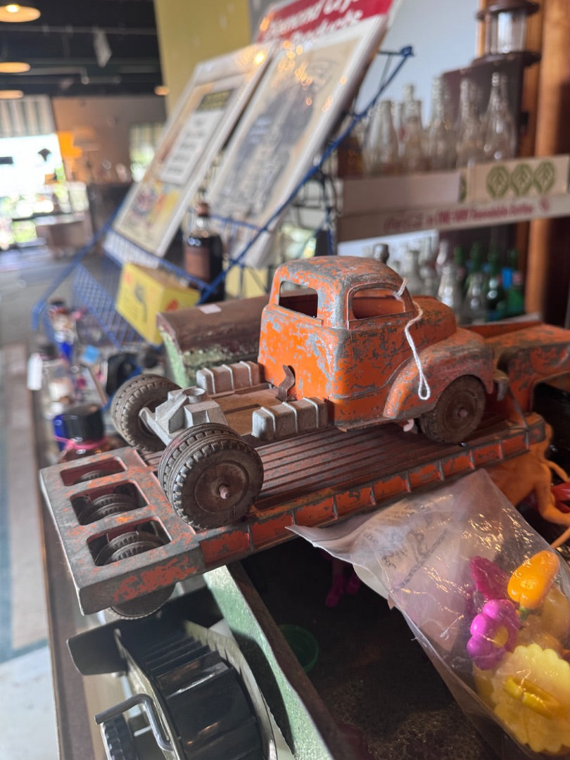 Orange Metal Truck & Flatbed Trailer (Set)